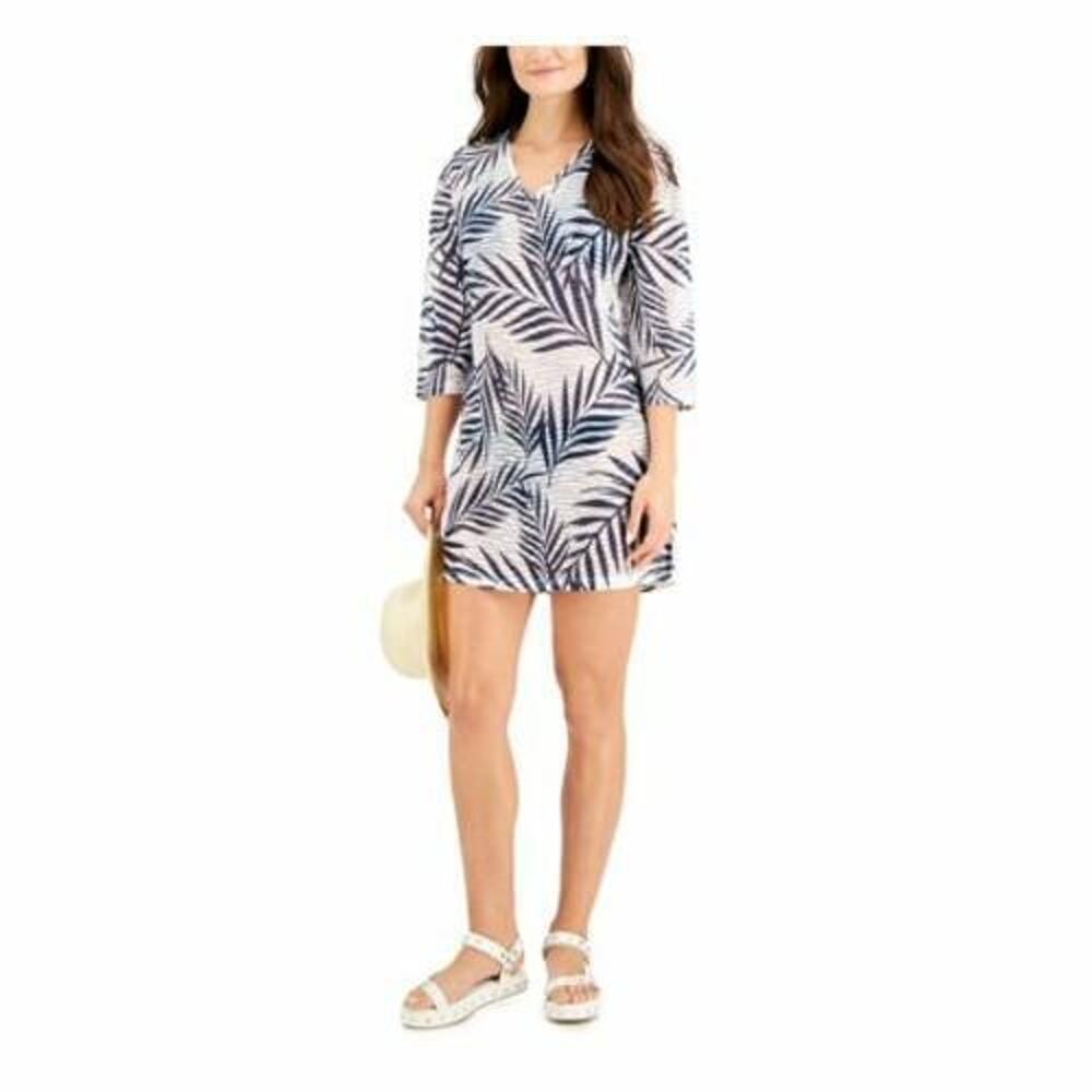 J. VALDI Sheer Stretch Tunic Deep V Neck Swimsuit Cover Up Navy Size M 1354